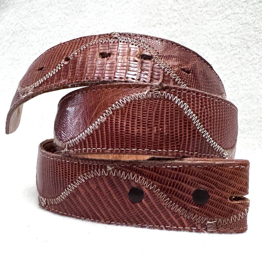 Desperado Mens 34 Lizard Embossed Leather Western Belt Zig Zag Stitch Brown
